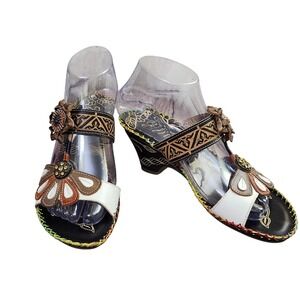 Elite by Corkys Jamaica 7 Wedge Boho Sandals Floral Embellished Leather Uppers